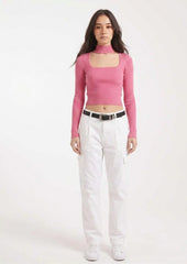 Fuchsia Ribbed Cut-Out Mock Neck Top