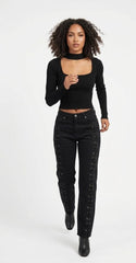 Chocolate Ribbed Cut-Out Mock Neck Top