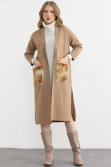 Figgzo Luxe Longline Cardigan with Faux Fur Pockets – Camel