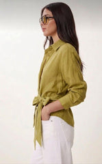 Olive Linen Belted Button-Down Shirt