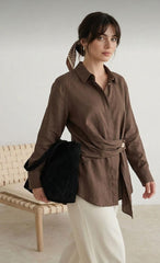 Espresso Wrap-Waist Button-Down Blouse