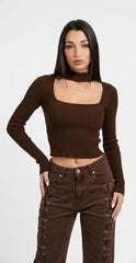 Chocolate Ribbed Cut-Out Mock Neck Top