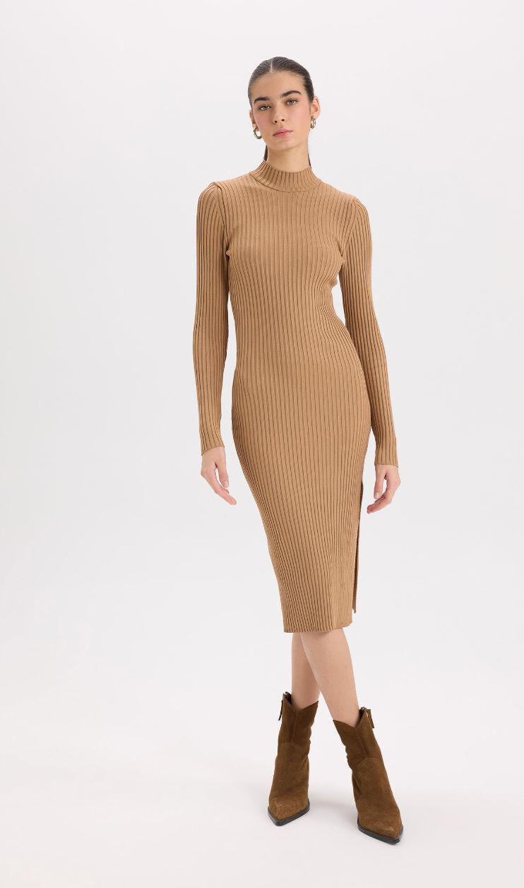 Figgzo Ribbed Mock Neck Midi Dress