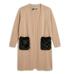 Figgzo Luxe Longline Cardigan with Faux Fur Pockets – Camel