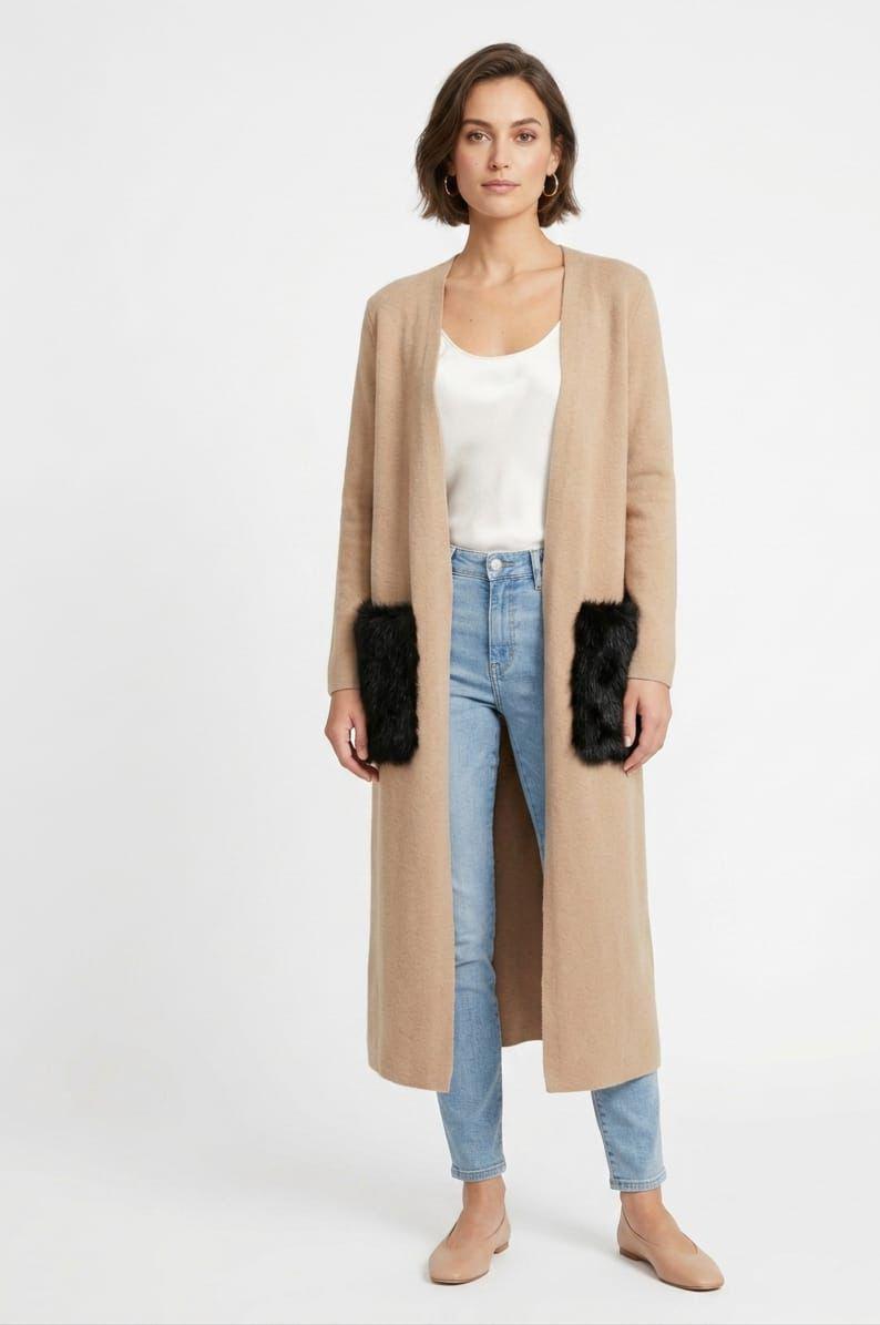 Figgzo Luxe Longline Cardigan with Faux Fur Pockets – Camel