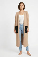 Figgzo Luxe Longline Cardigan with Faux Fur Pockets – Camel