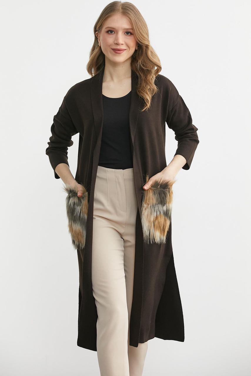 Figgzo Luxe Longline Cardigan with Faux Fur Pockets – Camel