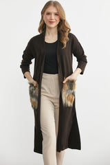 Figgzo Luxe Longline Cardigan with Faux Fur Pockets – Camel