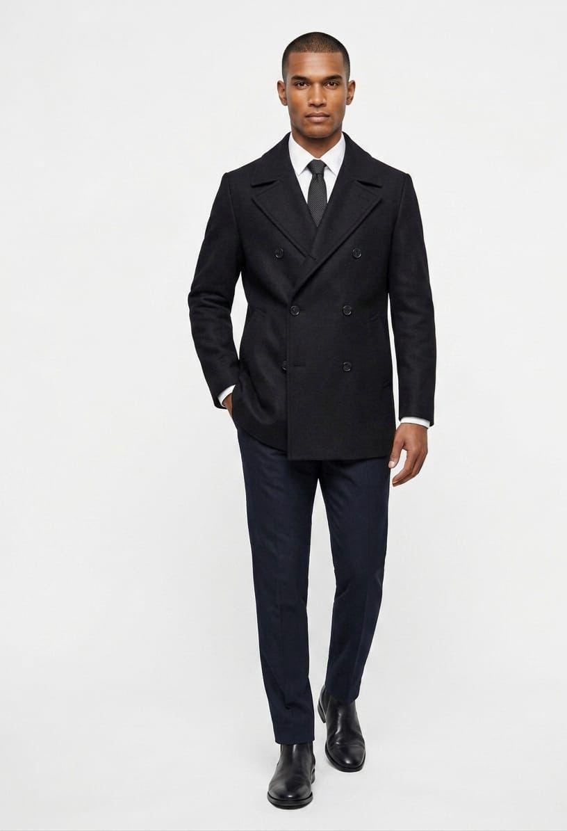 Figgzo Tailored Double-Breasted Peacoat – Black