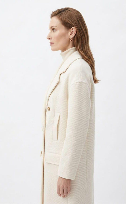 Figgzo Luxe Double-Breasted Textured Overcoat – Ivory