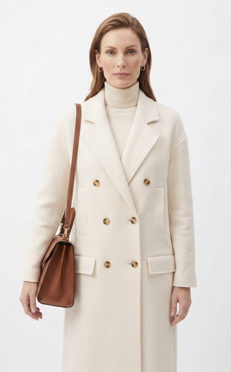 Figgzo Luxe Double-Breasted Textured Overcoat – Ivory