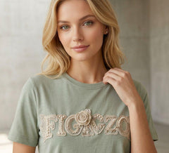 Figgzo Embellished Floral Logo Tee – Sage