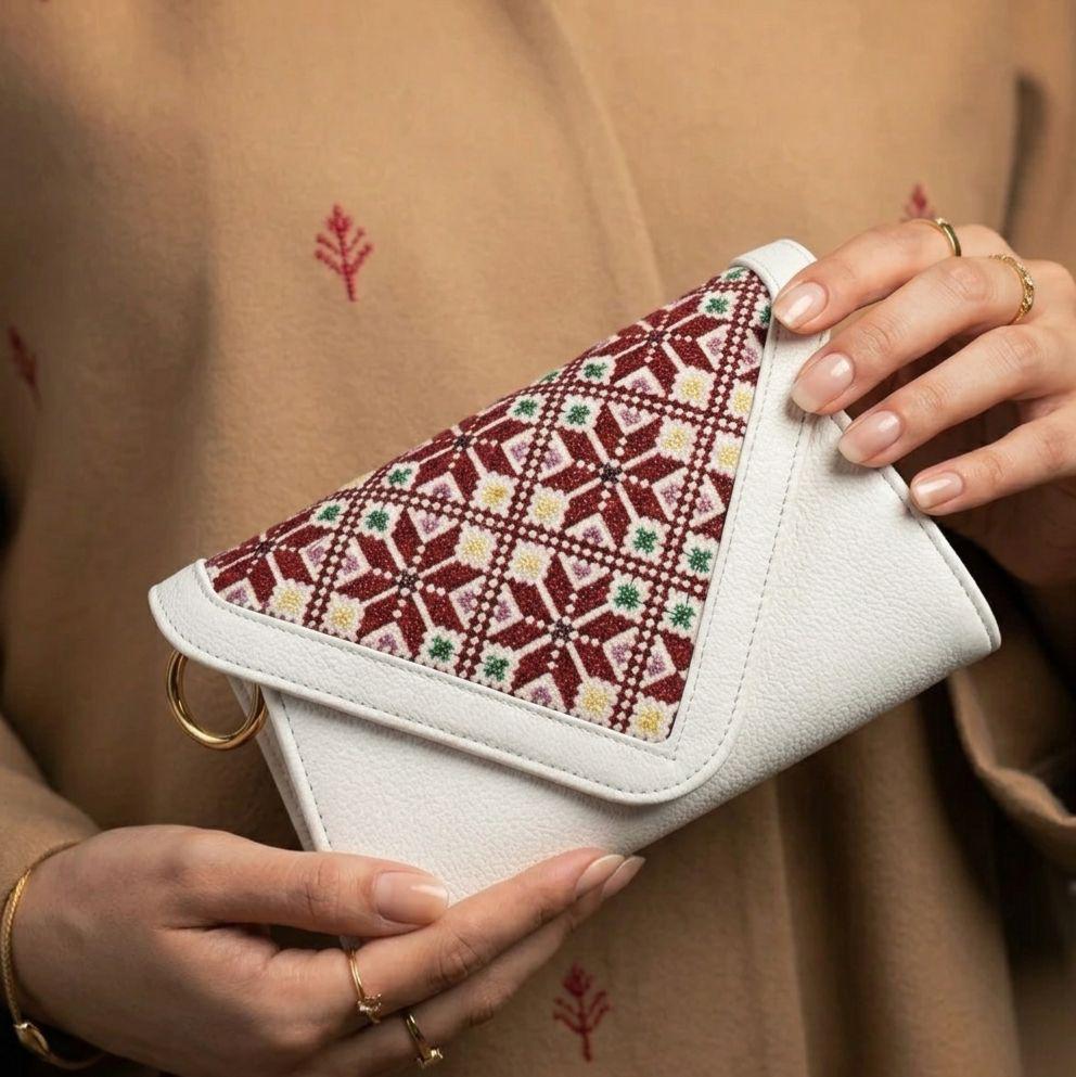 Figgzo Heritage Embroidered Envelope Crossbody Clutch – Ivory