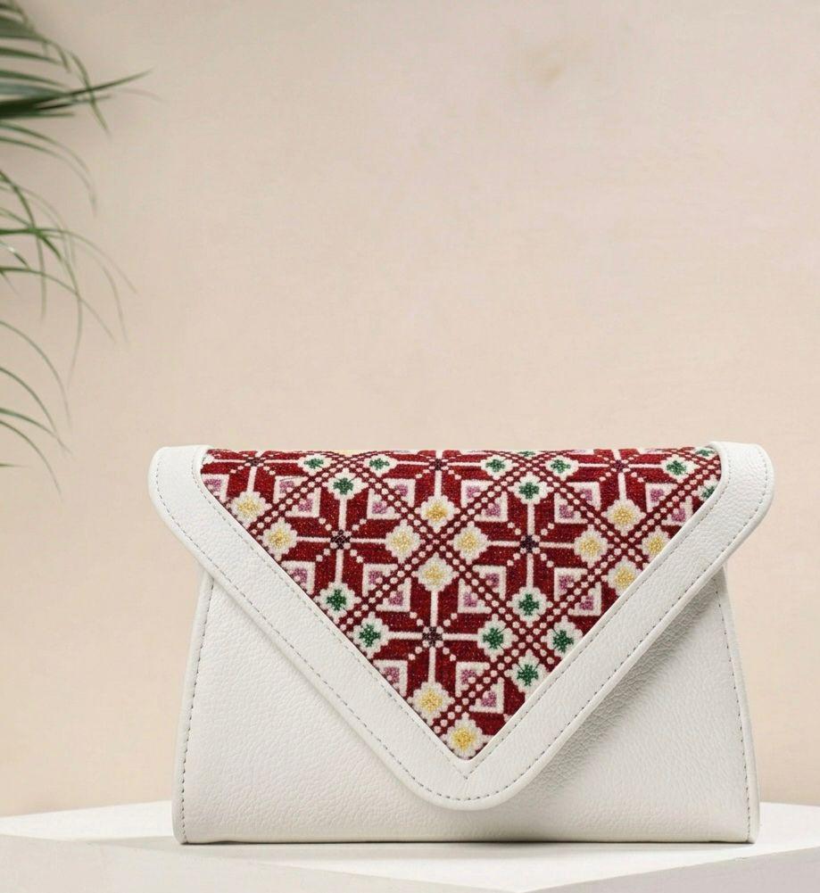 Figgzo Heritage Embroidered Envelope Crossbody Clutch – Ivory