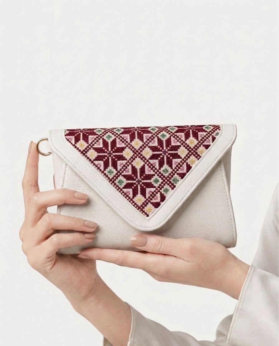 Figgzo Heritage Embroidered Envelope Crossbody Clutch – Ivory