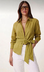 Olive Linen Belted Button-Down Shirt