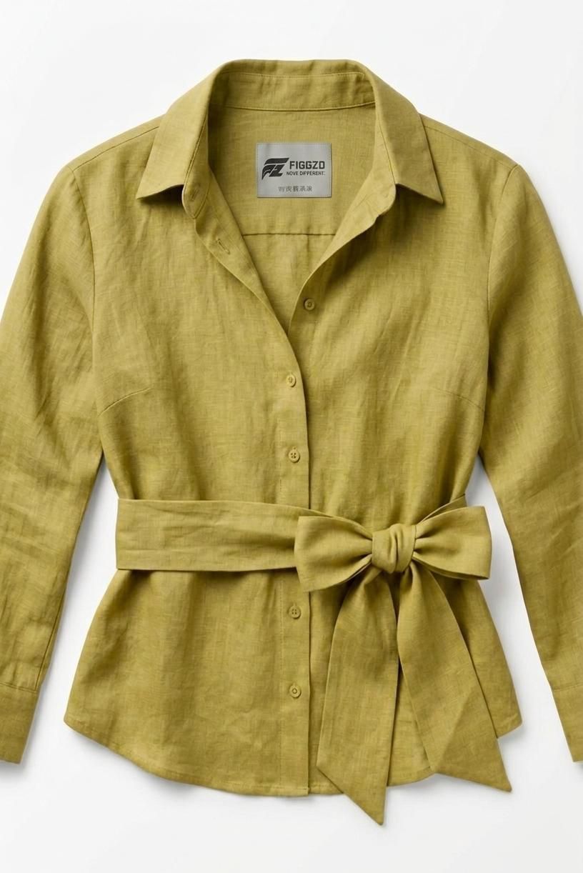 Olive Linen Belted Button-Down Shirt