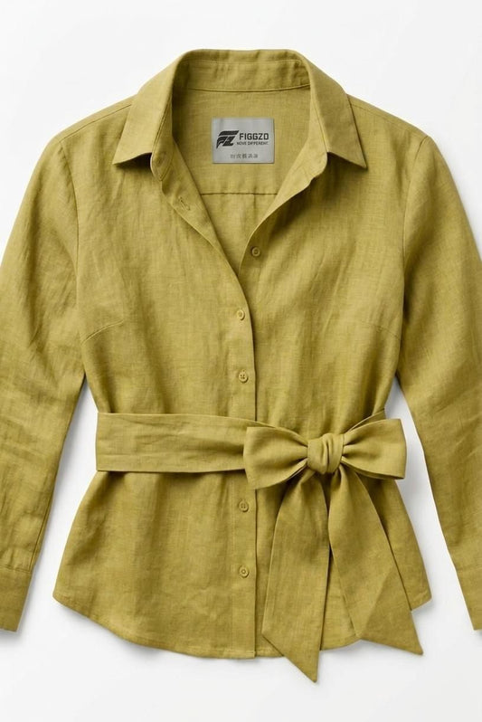 Olive Linen Belted Button-Down Shirt