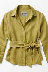 Olive Linen Belted Button-Down Shirt
