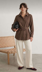 Espresso Wrap-Waist Button-Down Blouse