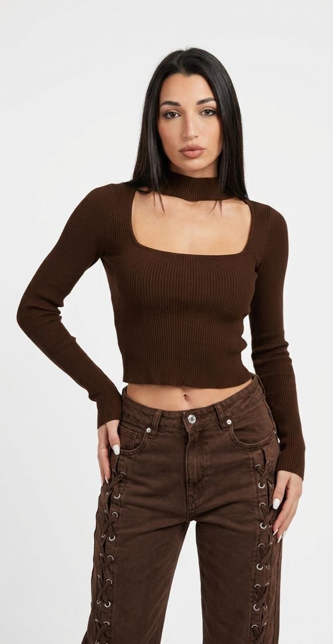 Chocolate Ribbed Cut-Out Mock Neck Top